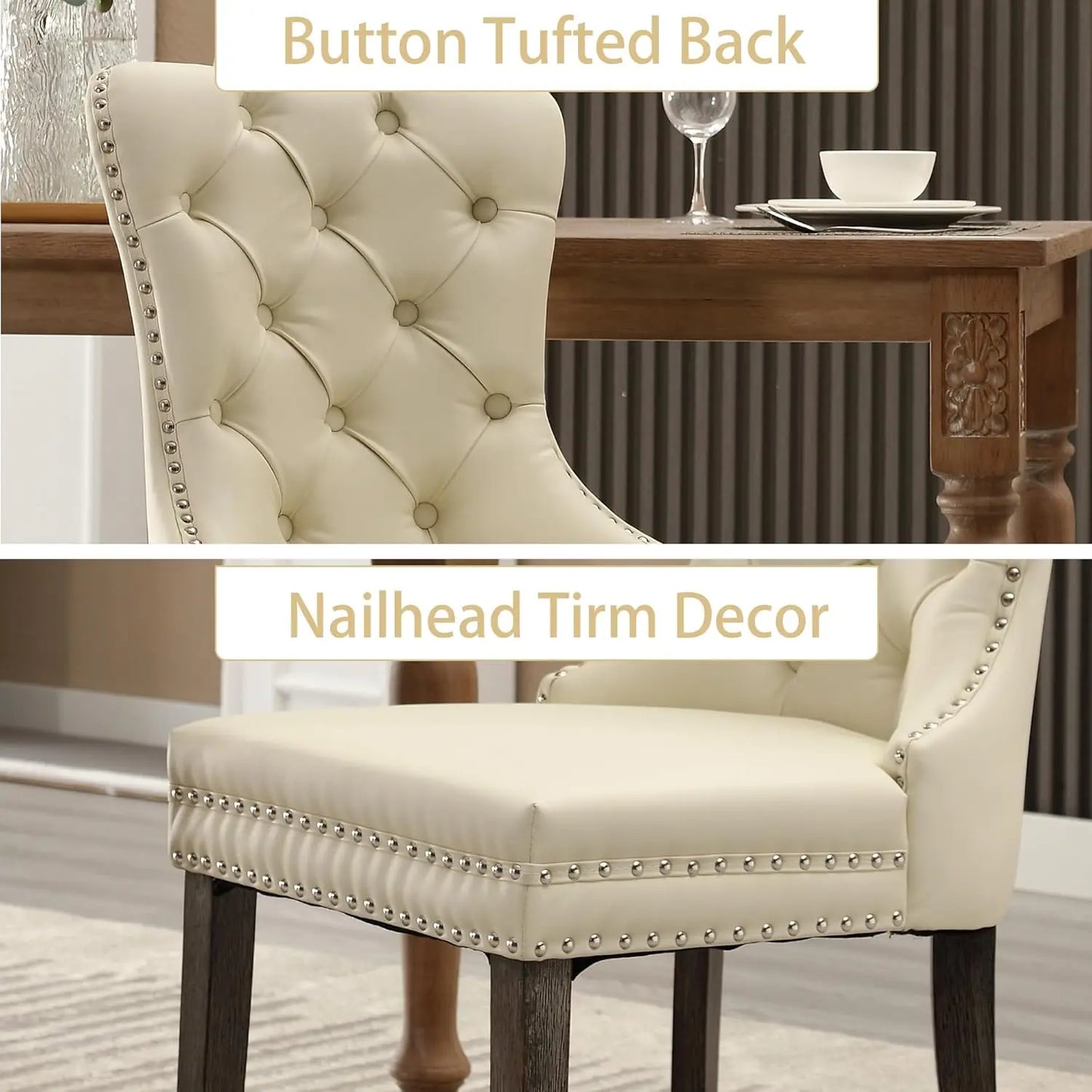 Leather Dining Chairs with Solid Wood Legs and Pull Ring, Luxury, Customized Set of 6