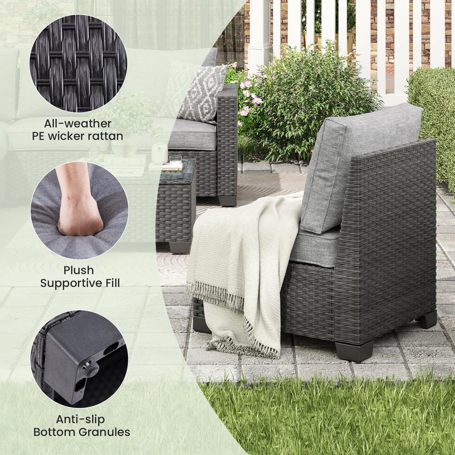 Patio Sectional Sofa Set, with Ottoman, Water/Oil/Stain-Resistant Fabric, Dark Gray Cushion + Gray Wick