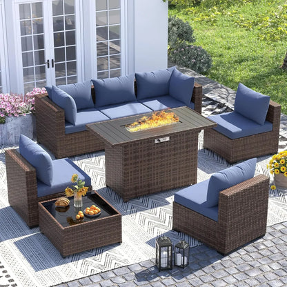 All-Weather Wicker Set with Fire Pit Table, 8 Piece Sectional Sofas,