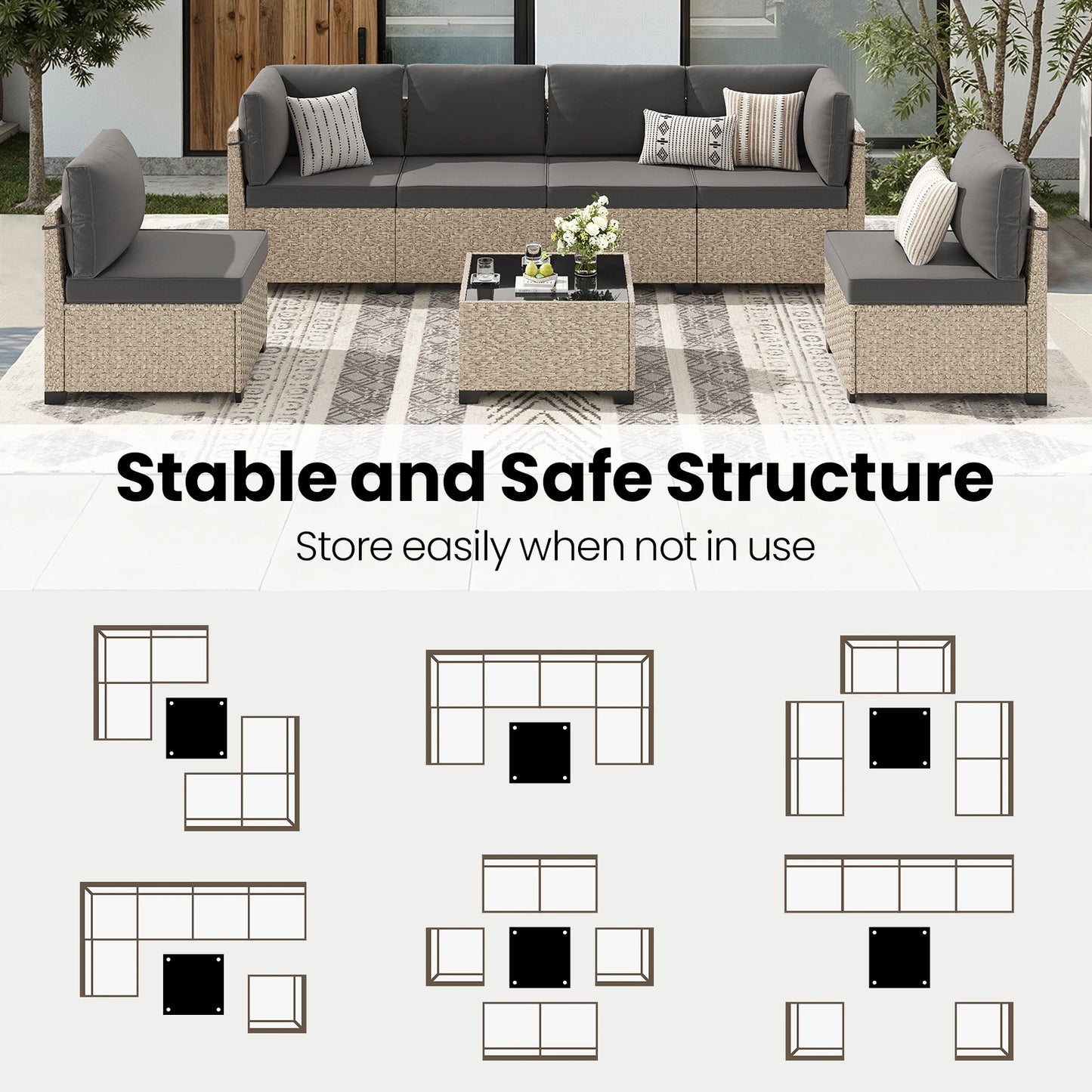 7-Piece Patio Furniture Set, Outdoor Rattan Sectional Sofa with Tempered Glass Table, All-Weather, for Garden, Porch, Backyard