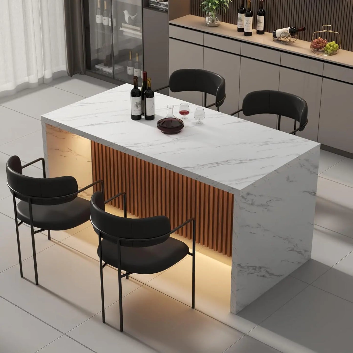 63" Large Imitation Marble Dining Table for 4-6 People with LED Lights