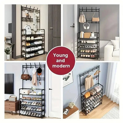 A clothes hanger and shoe rack at the entrance, used for storing shoes, clothes, jackets, hats, bags, umbrellas in the hallway