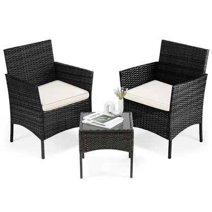 3 Piece Outdoor Patio Furniture Set Wicker Rattan Patio Chairs with Soft Cushion and Glass Table For Garden