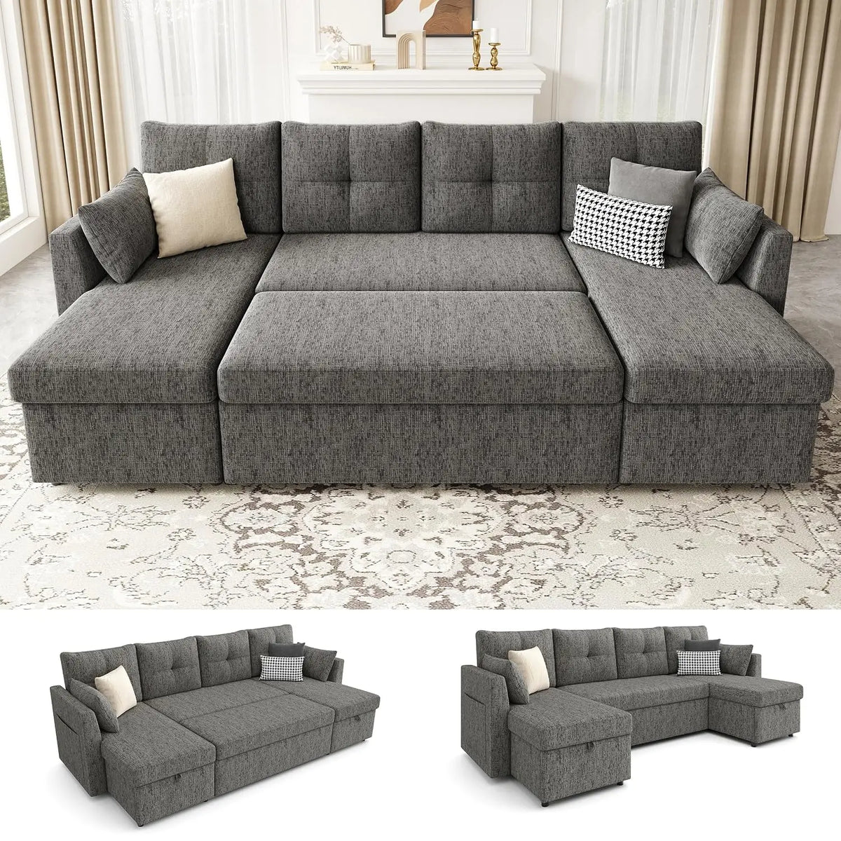 Oversized Sleeper Sofa Couch, Sectional Sofa Bed, Dark Grey | 110 inch 2 in 1 Pull Out Couch with Double Storage, Customized
