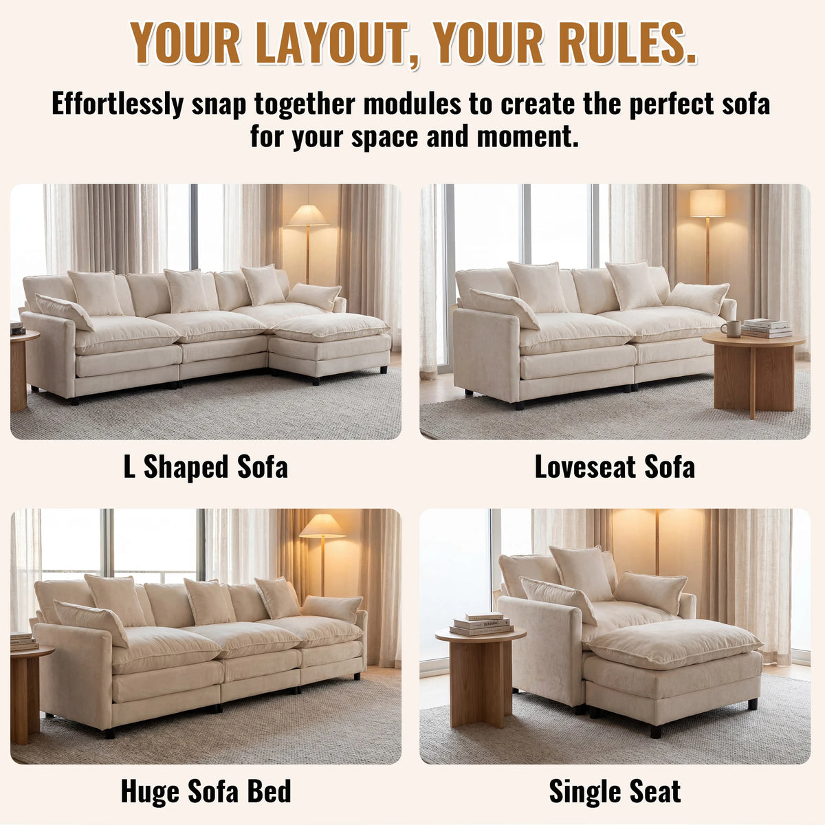 107" Modular Sectional Sofa Set with Ottoman, L-Shaped Convertible Couch, 3-Seats Chenille Deep Seat Sofa with Pillows for Living Room, Bedroom and Apartment