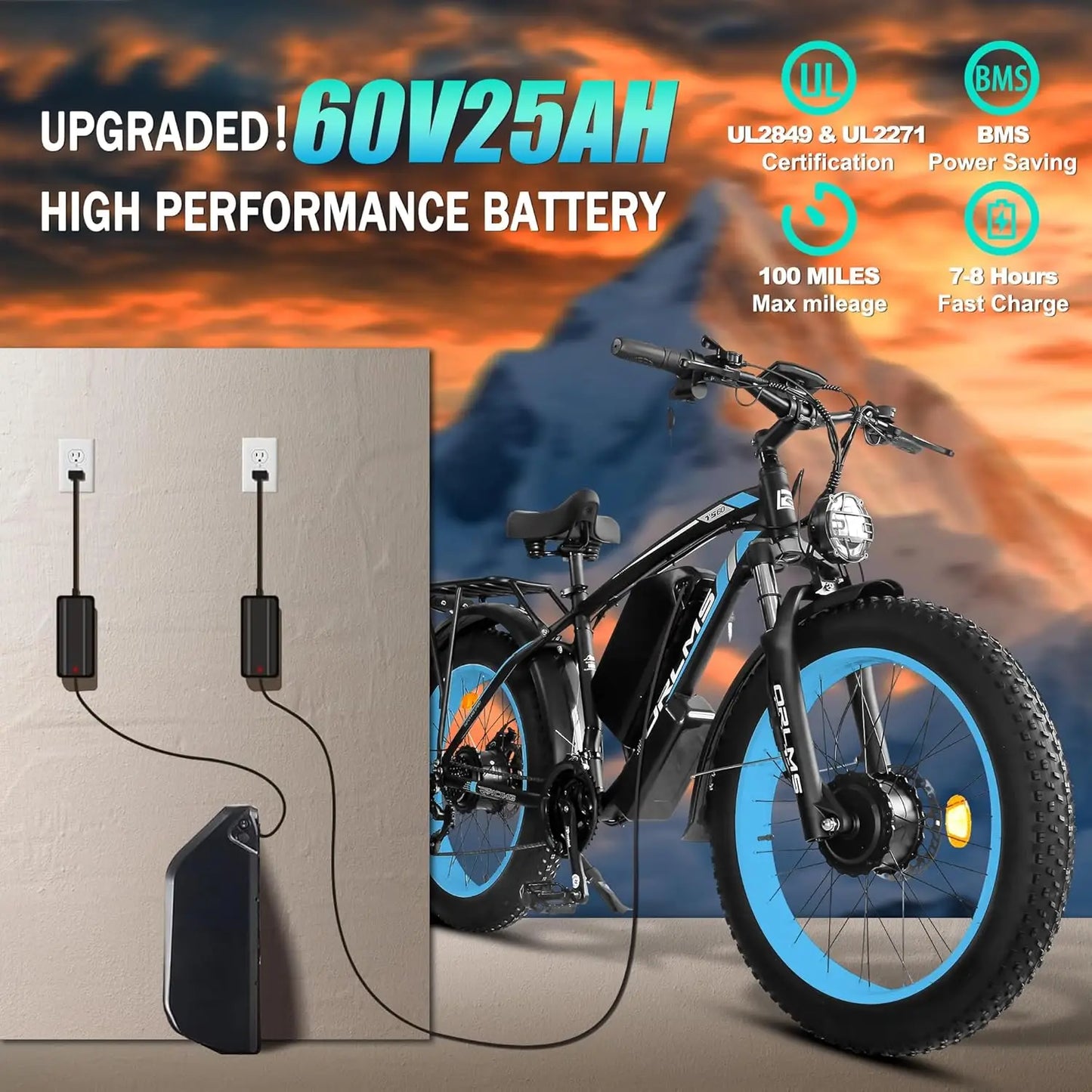 TS60 5000W Dual Motor E-Bike, 45MPH Mountain AWD 21-Speed with 26" x 4.0 Fat Tire
