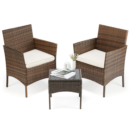 3 Piece Outdoor Patio Furniture Set Wicker Rattan Patio Chairs with Soft Cushion and Glass Table For Garden