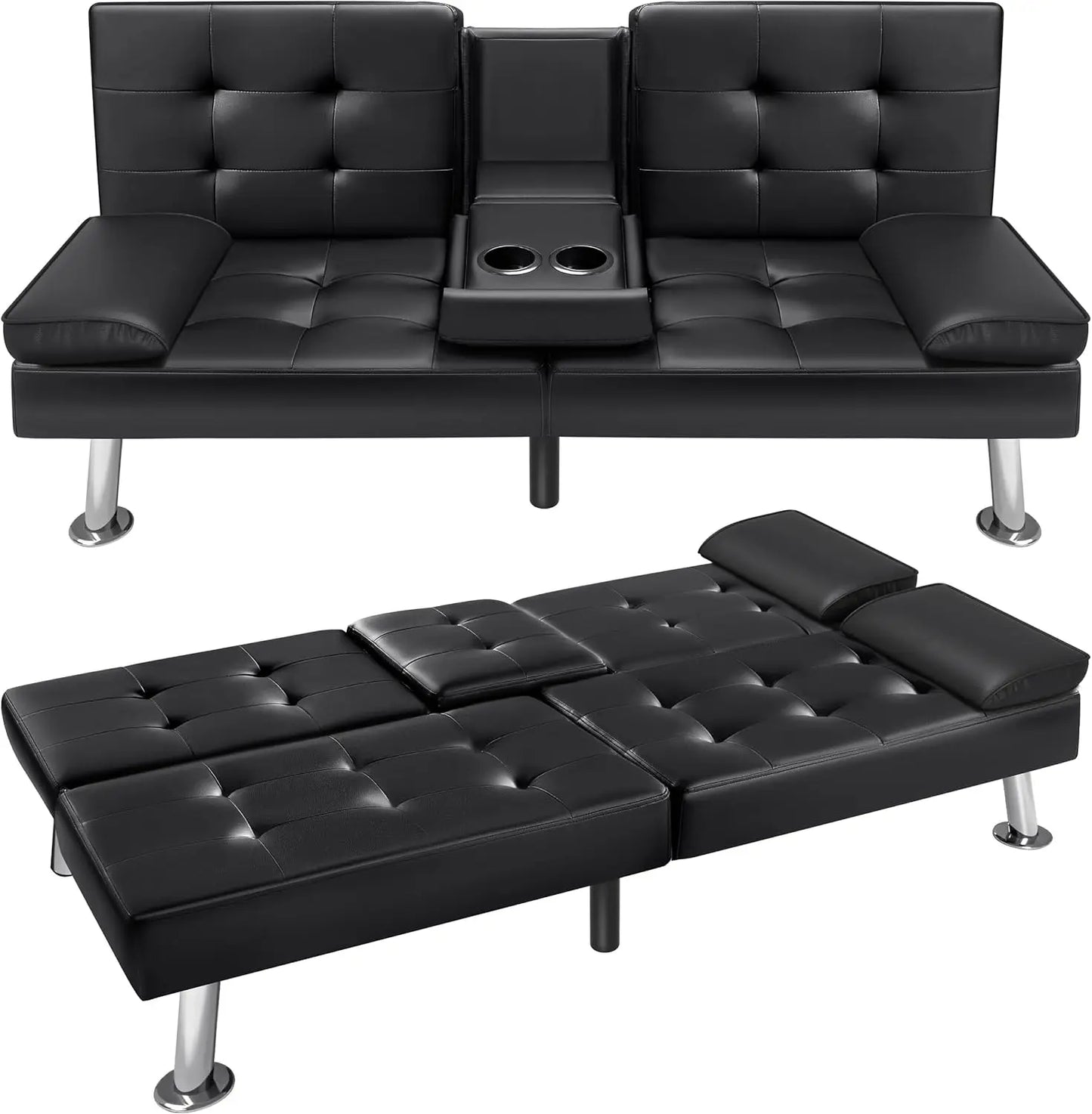 Futon Sofa Bed  Faux Leather Couch for Living Room with 2 Cup Holders and Armrest