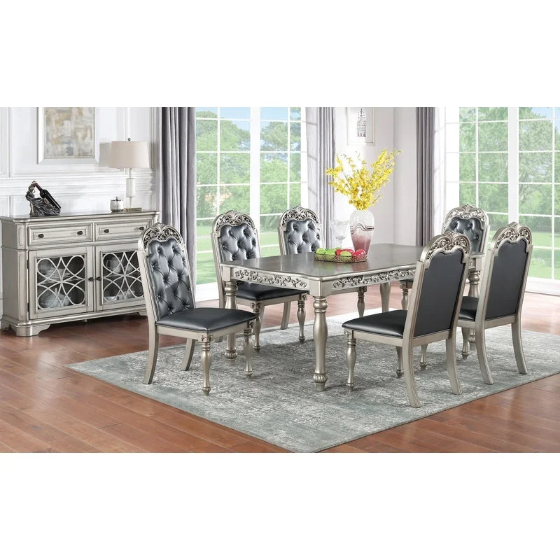 Formal Silver Grey 7-Piece Dining Set with 6 Side Chairs,  Intricate Carved Design, Tufted Back and Cushioned Seats