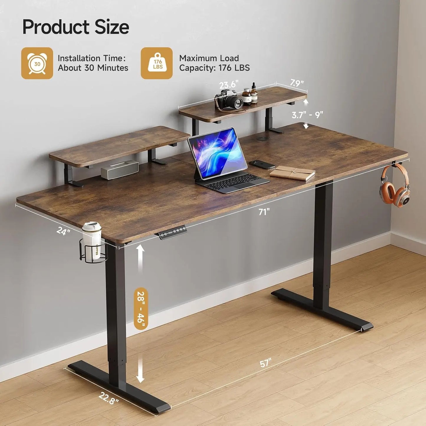 Electric Stand Up Desk with Memory Controller & Adjustable Height  2 Adjustable Monitor Shelves