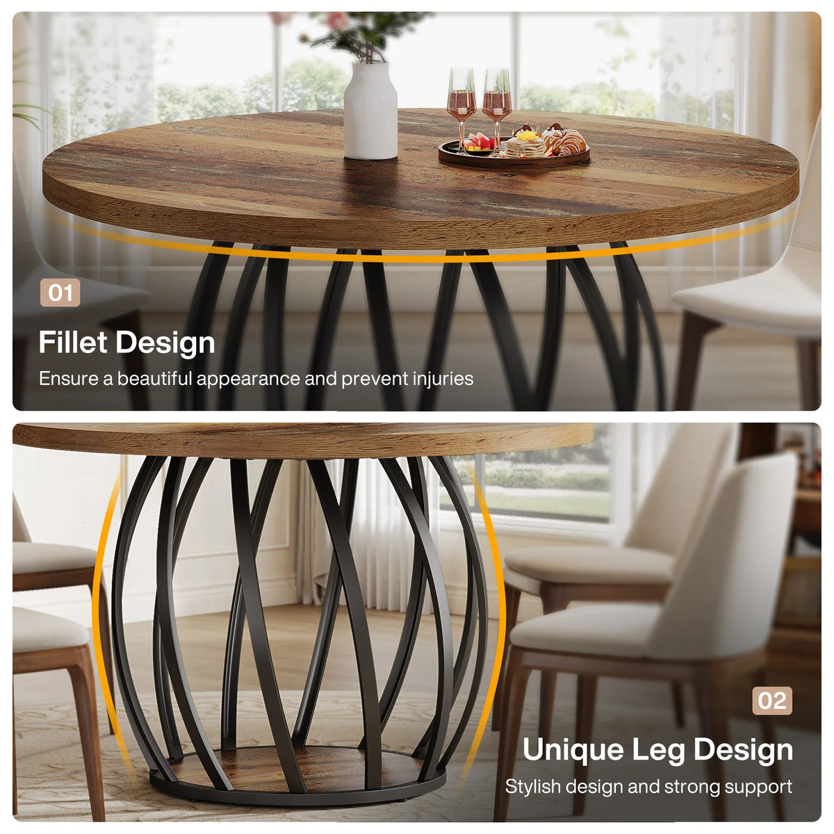 Round Dining Table, 46-Inch(118cm)Wood Kitchen Table with Sturdy Metal Base for 4-6 People,Rustic Brown