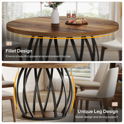 Round Dining Table, 46-Inch(118cm)Wood Kitchen Table with Sturdy Metal Base for 4-6 People,Rustic Brown