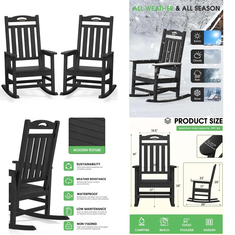 Set of 2"Large Outdoor High Back Rocking Chairs, Durable HDPE Weatherproof Patio Rockers