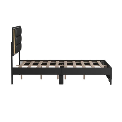 3-Piece Bedroom Set Queen Size Upholstered Bed with LED Lights, Nightstands and Dresser , Black /white