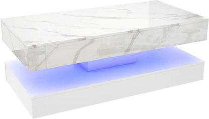 Modern  Coffee Table with LED lights, Double-Layer Design for Living Room Coffee Table with 2 Storage Drawers
