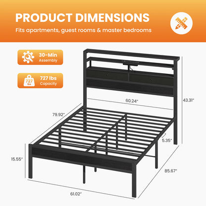 Basic Bed Frame  with Storage LED Charging Station Headboard Sturdy Steel Slat Support All Size Bedroom Bed For Home