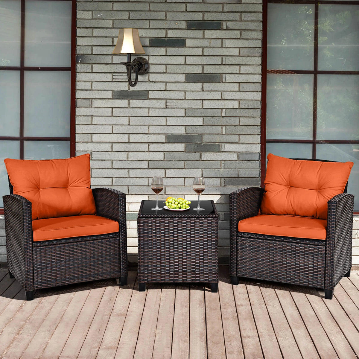 3 PCS Patio Rattan Furniture Set Cushioned  Set Orange
