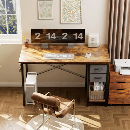 47IN Computer Desk with 2 Drawers For Study Wood Table with Adjustable Position Drawers Modern Work Table for Office or Gaming