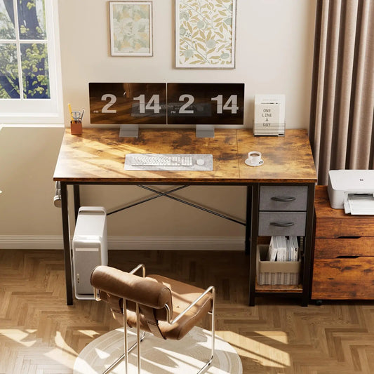 47IN Computer Desk with 2 Drawers For Study Wood Table with Adjustable Position Drawers Modern Work Table for Office or Gaming