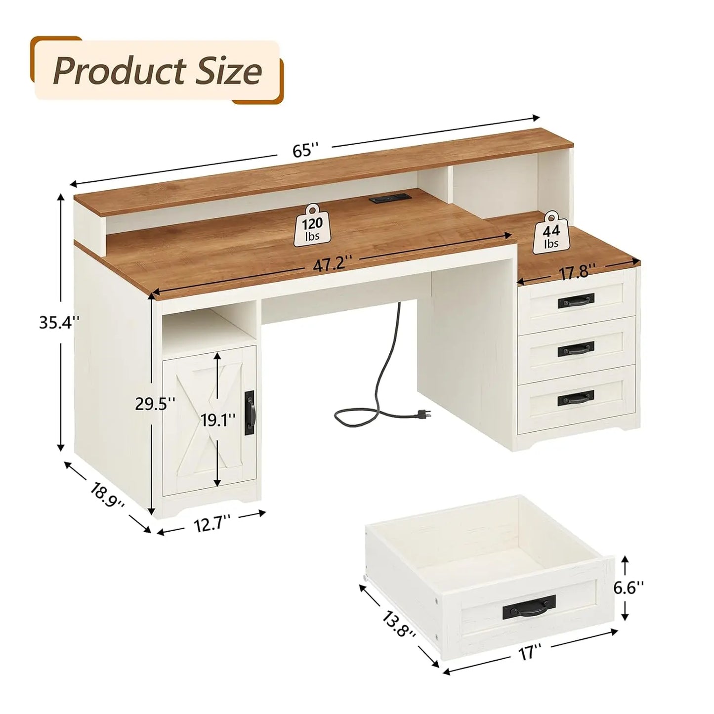 65'' Home Office Desk with Power Outlets, Storage Cabinet and Printer Stand