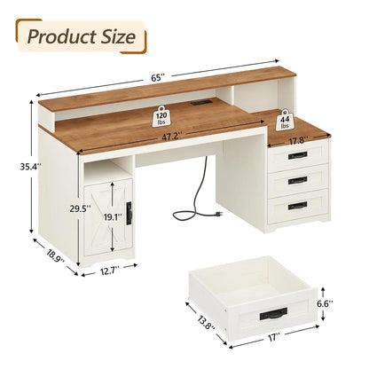 65'' Home Office Desk with Power Outlets, Storage Cabinet and Printer Stand