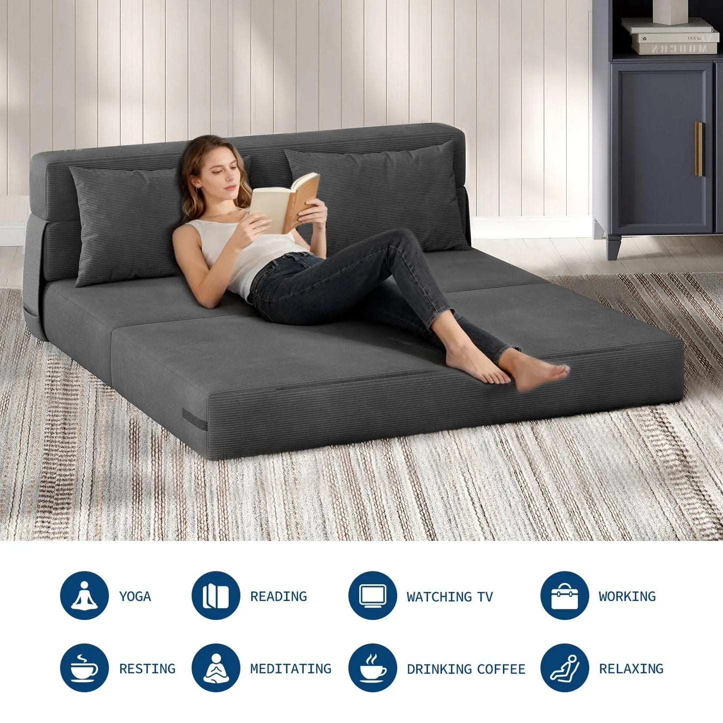 4-in-1 Folding Convertible  Bed Sleeper Soft Corduroy Loveseat Couch With Pillow Space-Saving Fold Out Chair Bed For Room