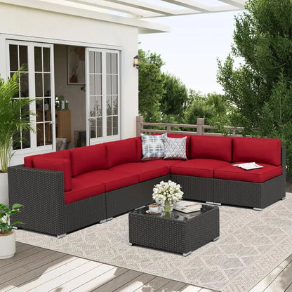 Black Rattan Wicker Sectional  Outdoor Patio Furniture Sofa Set  with Glass Top Table and Cushions (Red)