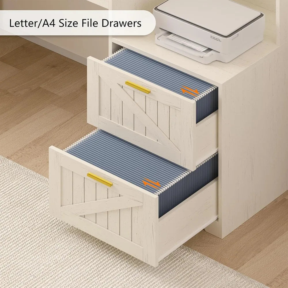 62.2" Farmhouse L Shaped Home Office Desk, Drawers, Storage Shelves & Power Outlet