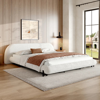 King Size Bed Frame with Boucle Fabric, Upholstered Platform Bed with Curve-Shaped Design and Thick Headboard