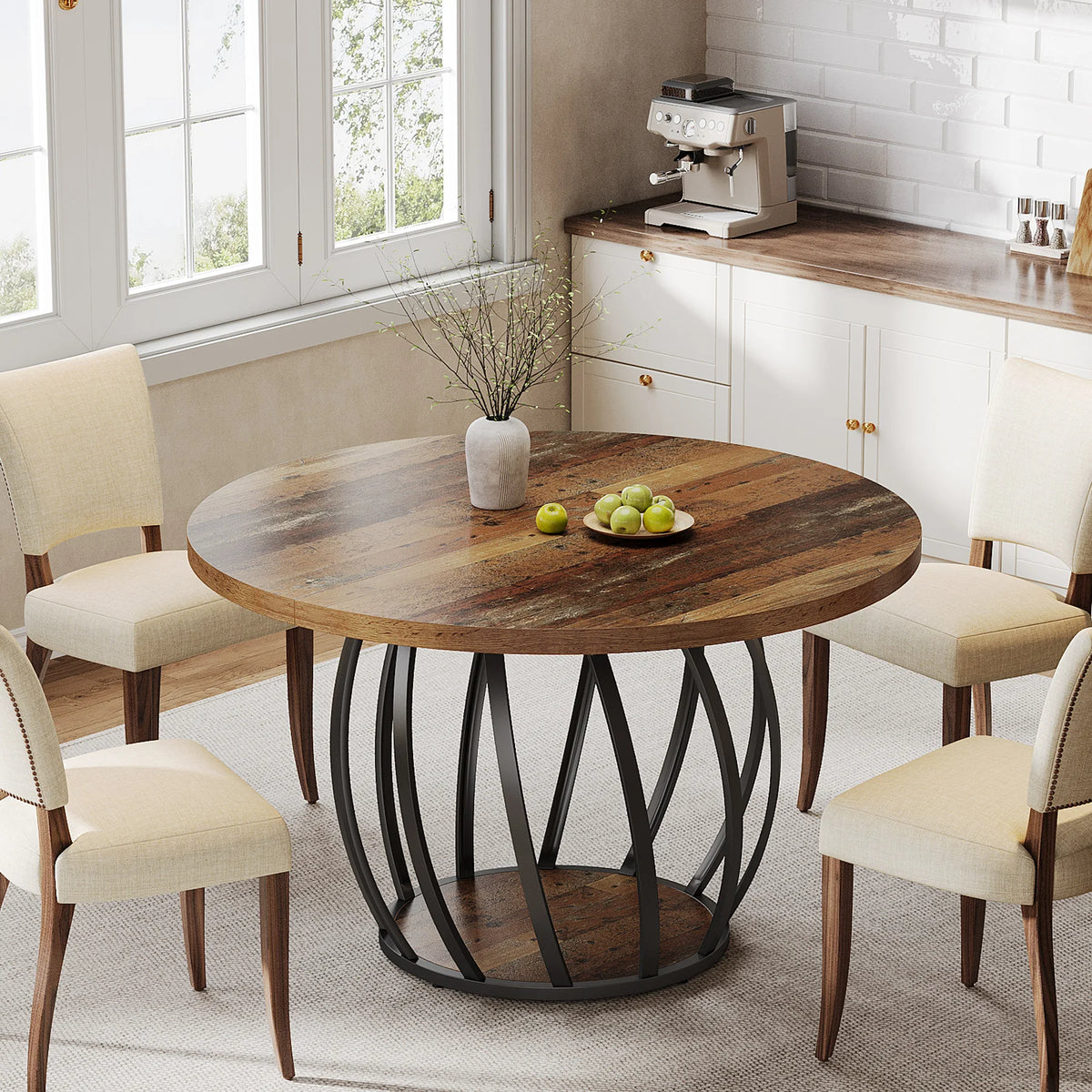 Round Dining Table, 46-Inch(118cm)Wood Kitchen Table with Sturdy Metal Base for 4-6 People,Rustic Brown