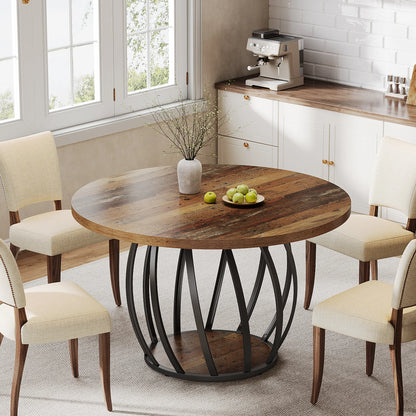 Round Dining Table, 46-Inch(118cm)Wood Kitchen Table with Sturdy Metal Base for 4-6 People,Rustic Brown