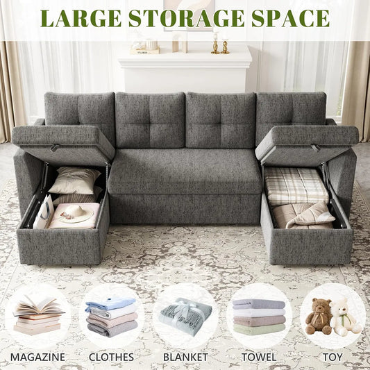 Oversized Sleeper Sofa Couch, Sectional Sofa Bed, Dark Grey | 110 inch 2 in 1 Pull Out Couch with Double Storage, Customized