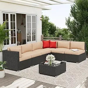 Black Rattan Wicker Sectional  Outdoor Patio Furniture Sofa Set  with Glass Top Table and Cushions (Red)