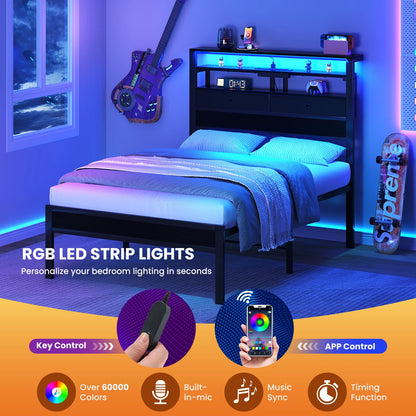 Basic Bed Frame  with Storage LED Charging Station Headboard Sturdy Steel Slat Support All Size Bedroom Bed For Home