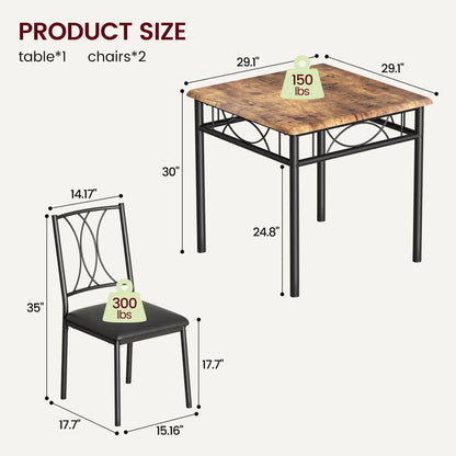 3-Piece Wood Dining Table Set for 2, Compact Square Kitchen Table Set with 2 Upholstered Chairs