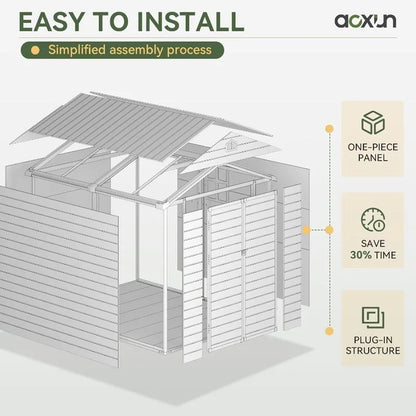 Aoxun 8 x 6 FT Outdoor Storage Shed with Window, Resin Shed with Floor & Lockable Doors, Garden Shed Waterproof Plastic Tool