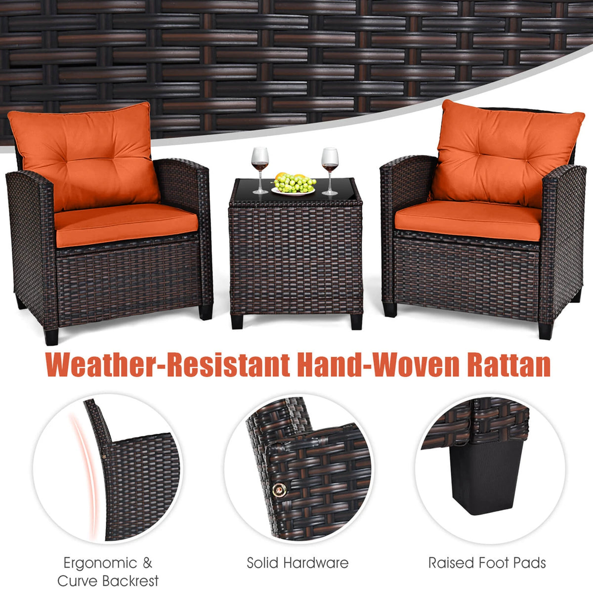 3 PCS Patio Rattan Furniture Set Cushioned  Set Orange