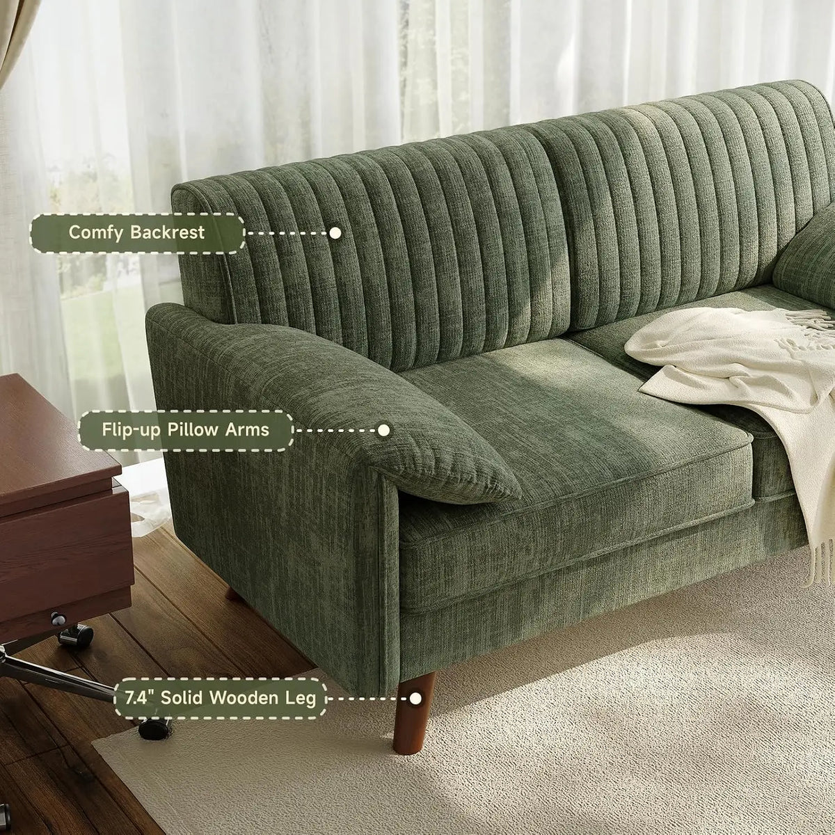 Modern Loveseat Sofa 64.5" for Small Space Living Room, Chenille Fabric 2-Seater Couch with High Legs（164cm）, Comfy Small Apartment Sofa Green