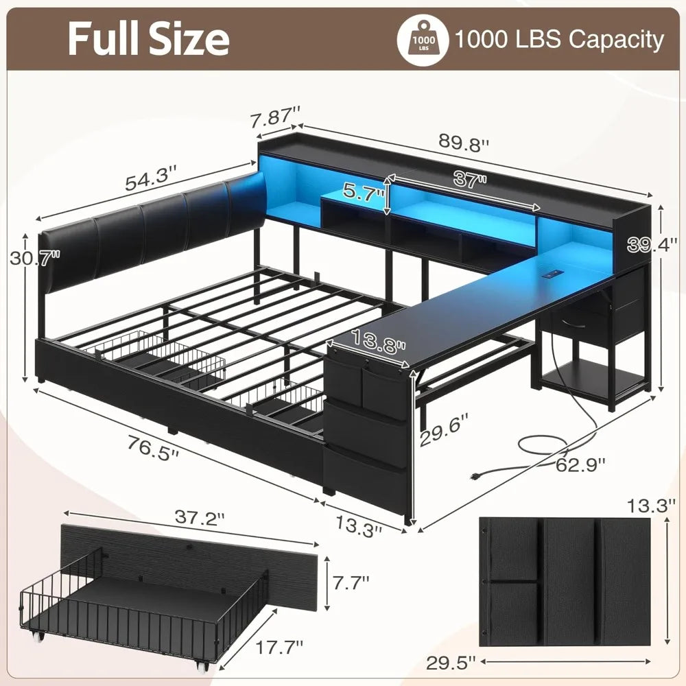 Corner Bed Frame with Storage Desk, Upholstered Headboard, 4 Drawers, 6 Bookcase, LED Lights, Charging Station, Black