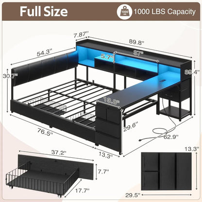Corner Bed Frame with Storage Desk, Upholstered Headboard, 4 Drawers, 6 Bookcase, LED Lights, Charging Station, Black