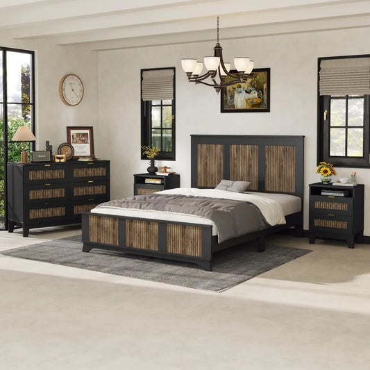 4 Piece Queen Bedroom Set, Queen Size Platform Bed with 2 Nightstands and Dresser,