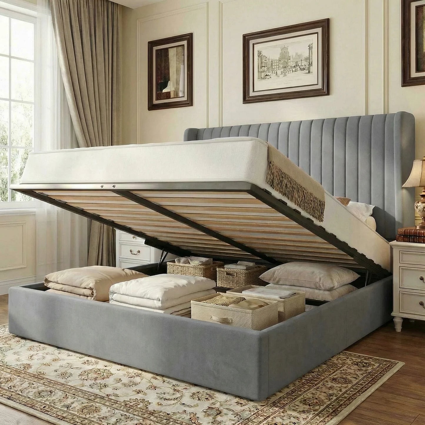 Full/Queen/King Lift Up Storage Bed Frame, Hydraulic Support System, Upholstered Platform Bed Frame, Underneath Storage,