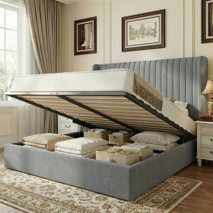 Full/Queen/King Lift Up Storage Bed Frame, Hydraulic Support System, Upholstered Platform Bed Frame, Underneath Storage,