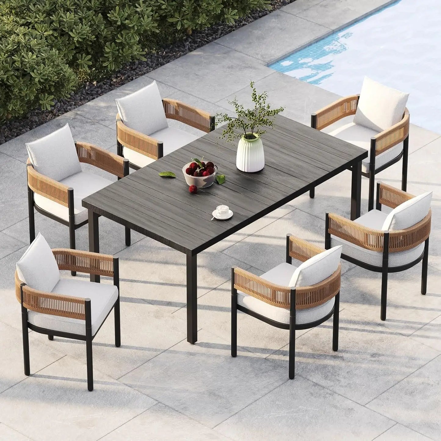 7 PCS Patio Table and Chairs Set, Metal Woven Wicker Patio Chairs with Thickened Cushions Outdoor Dining Set for 6