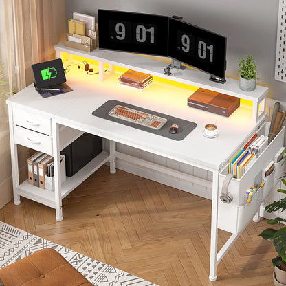 40" Home Office Desk with Power Outlets & LED Strip and Monitor Stand Computer Desk With Drawers & Storage Bag for Small Space