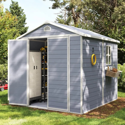 Aoxun 8 x 6 FT Outdoor Storage Shed with Window, Resin Shed with Floor & Lockable Doors, Garden Shed Waterproof Plastic Tool