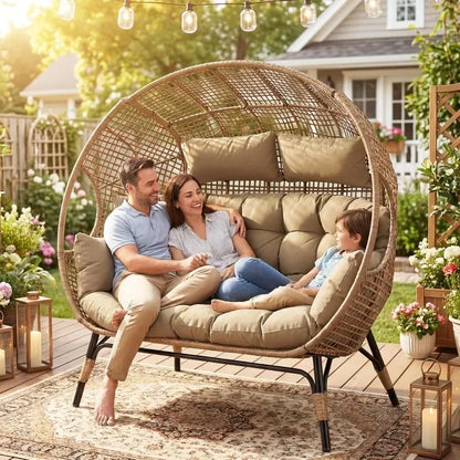 Indoor / Outdoor Stationary Oversized Double Egg Chair   6.5" Thick Padded Cushions, 2 Person Wicker Egg Loveseat Chair
