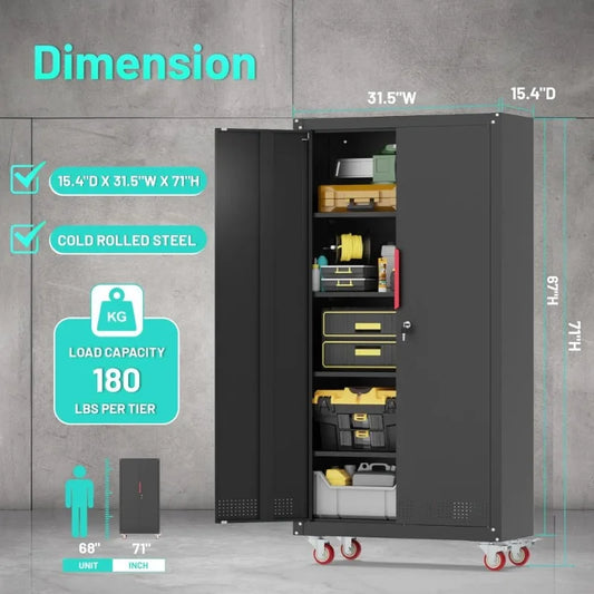 Heavy Duty Steel Garage Storage Cabinet with Wheels Lockable Tool Cabinet with Adjustable Shelves for Home Basement