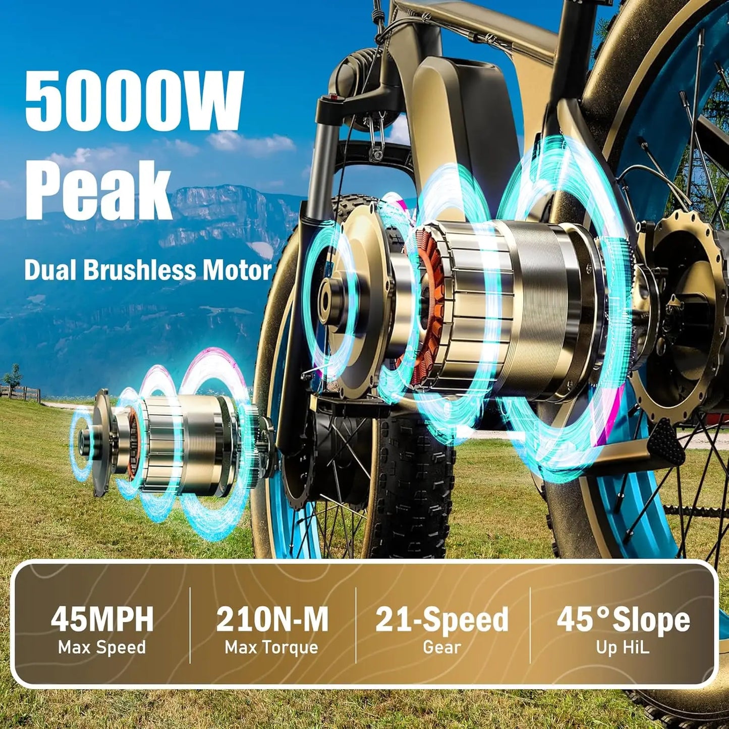 TS60 5000W Dual Motor E-Bike, 45MPH Mountain AWD 21-Speed with 26" x 4.0 Fat Tire