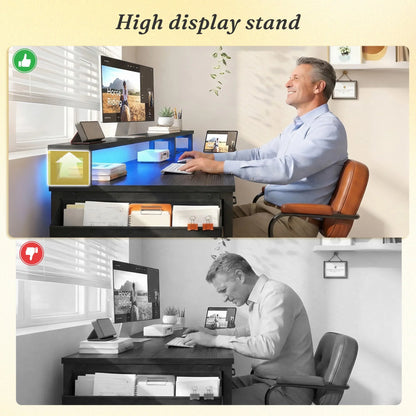 40" Home Office Desk with Power Outlets & LED Strip and Monitor Stand Computer Desk With Drawers & Storage Bag for Small Space